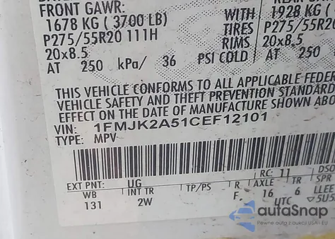 2012 Ford Expedition El Limited z USA, uszkodzony, nr VIN 1FMJK2A51CEF12101